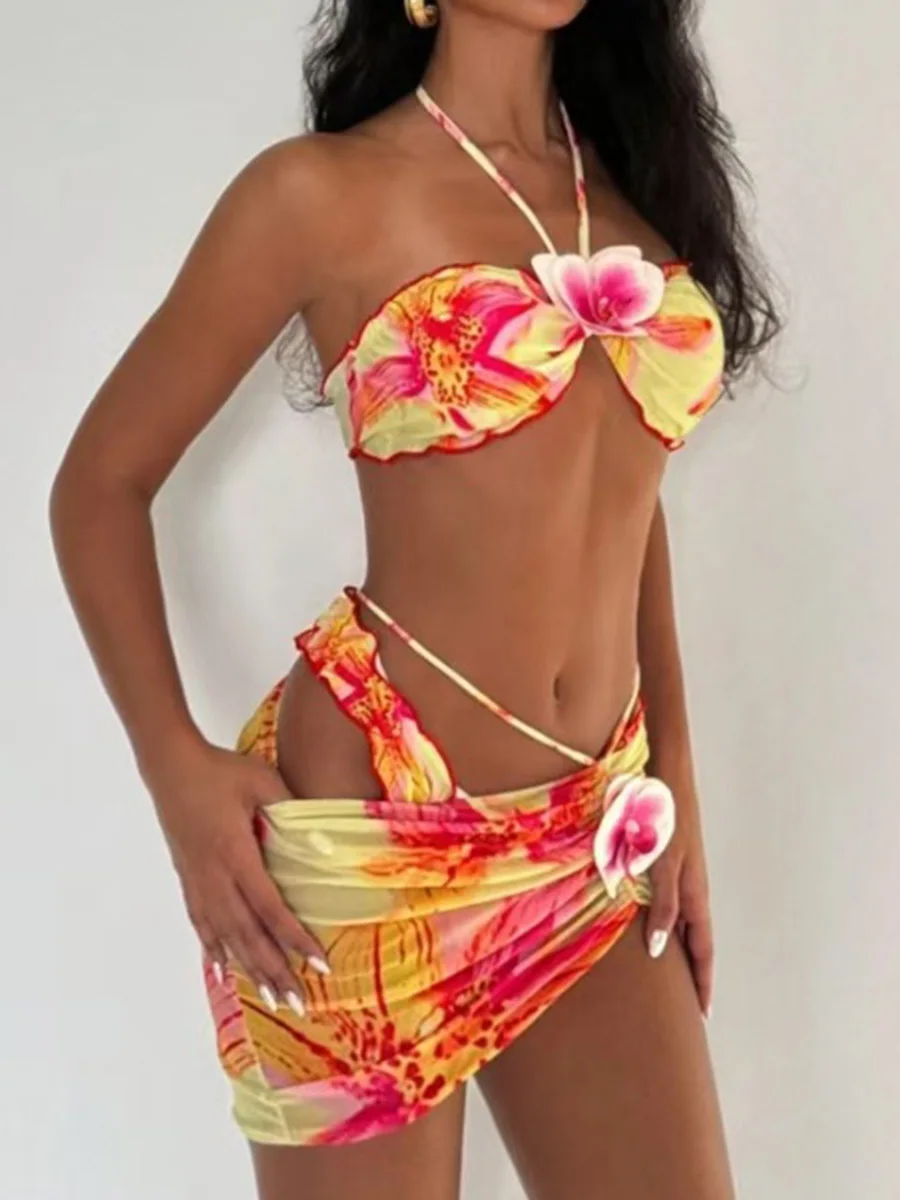 with Mesh Skirt 3D Flowers Halter Bandeau Bikini Women Swimsuit Female Swimwear Three-pieces Bikini Set Bathing Suit Beachwear - Image 3