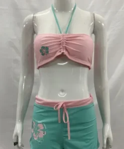European American Y2K Sexy Cute Spicy Girl Strapless Hanging Neck Lace Up Bikini Color Blocking Shorts Two-piece Women Clothing