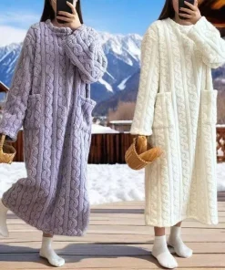 Winter New Long Warm Loose Fit Pocket Coral Fleece Pajama Set Nightgown Sleep Robe for Women Home Wear - Image 3