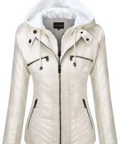 Hooded Leather Jacket Two-Piece Set Removable Large Size Leather Jacket for Women Spring & Fall Outwear for Women Pu Washed Leather - Image 5