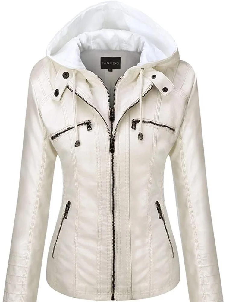 Hooded Leather Jacket Two-Piece Set Removable Large Size Leather Jacket for Women Spring & Fall Outwear for Women Pu Washed Leather - Image 5