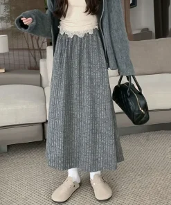 Smvp 2024 Autumn Winter New Thicken Plush A-line Skirts Wowen Solid Casual High Waisted Long Skirt Ladies Lazy Style Midi Skirts - Image 3