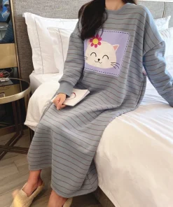 Alternative view of Female Long Sleeve Knit Cotton Nightgown Autumn Winter Thickened Fleece Warm Cartoon Outdoors Women Sleepwear Lady Loungewear