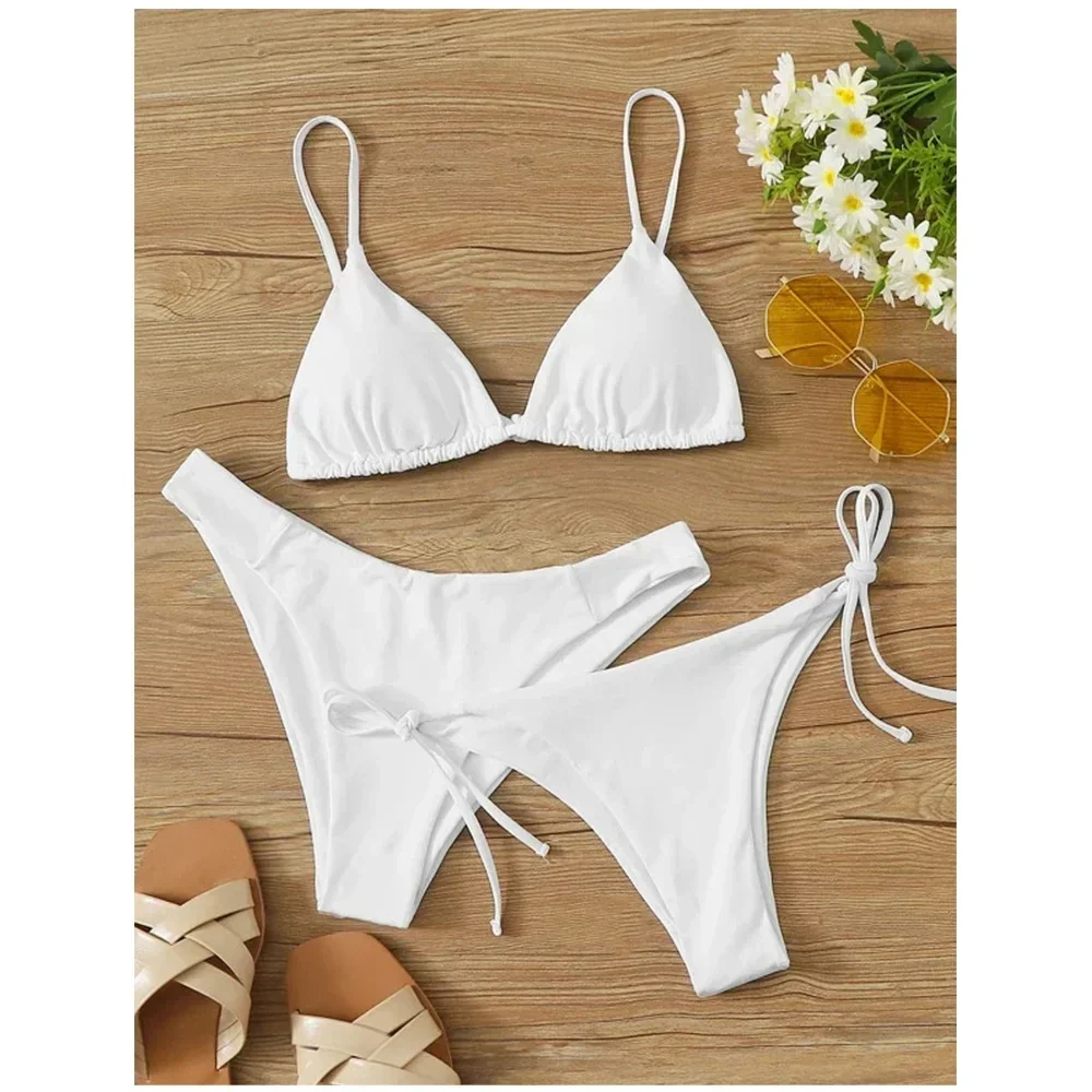 Sexy 3 Pieces Set Swimwear Women Lace Up Micro Bikini Set Female Solid Low Waist Swimsuit Beachwear Bathing Suit - Image 2