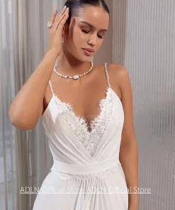 Summer Wedding Dress Customized Spaghetti Straps V Neck Pleat Lace Sweep Train A Line Chiffon Bridal Gown Beach Bride Dresses - Image 3