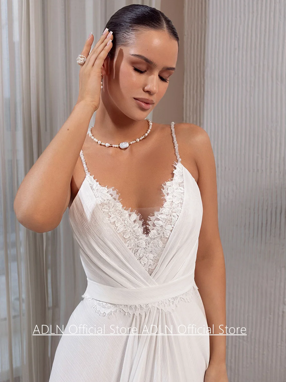 Summer Wedding Dress Customized Spaghetti Straps V Neck Pleat Lace Sweep Train A Line Chiffon Bridal Gown Beach Bride Dresses - Image 3