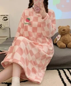 Alternative view of Ladies Nightwear Nightdress Autumn and Winter Coral Velvet Long Sleeve Plaid Dress Striped Student Flannel Dress Large Size