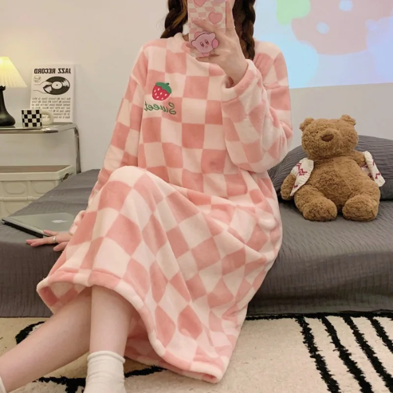 Ladies Nightwear Nightdress Autumn and Winter Coral Velvet Long Sleeve Plaid Dress Striped Student Flannel Dress Large Size - Image 2