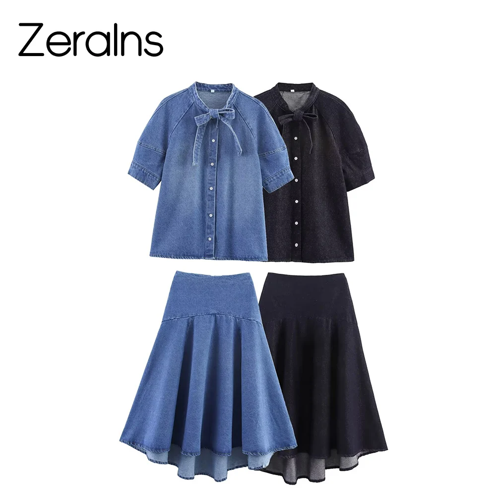 ZERAINS Autumn new women's clothing European and American style knot decoration denim shirt Midi skirt set