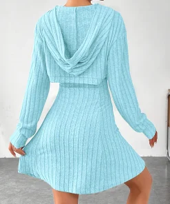 Alternative view of Women's blue ribbed knitted vest dress, short long sleeved top slim fit two-piece set, autumn and winter