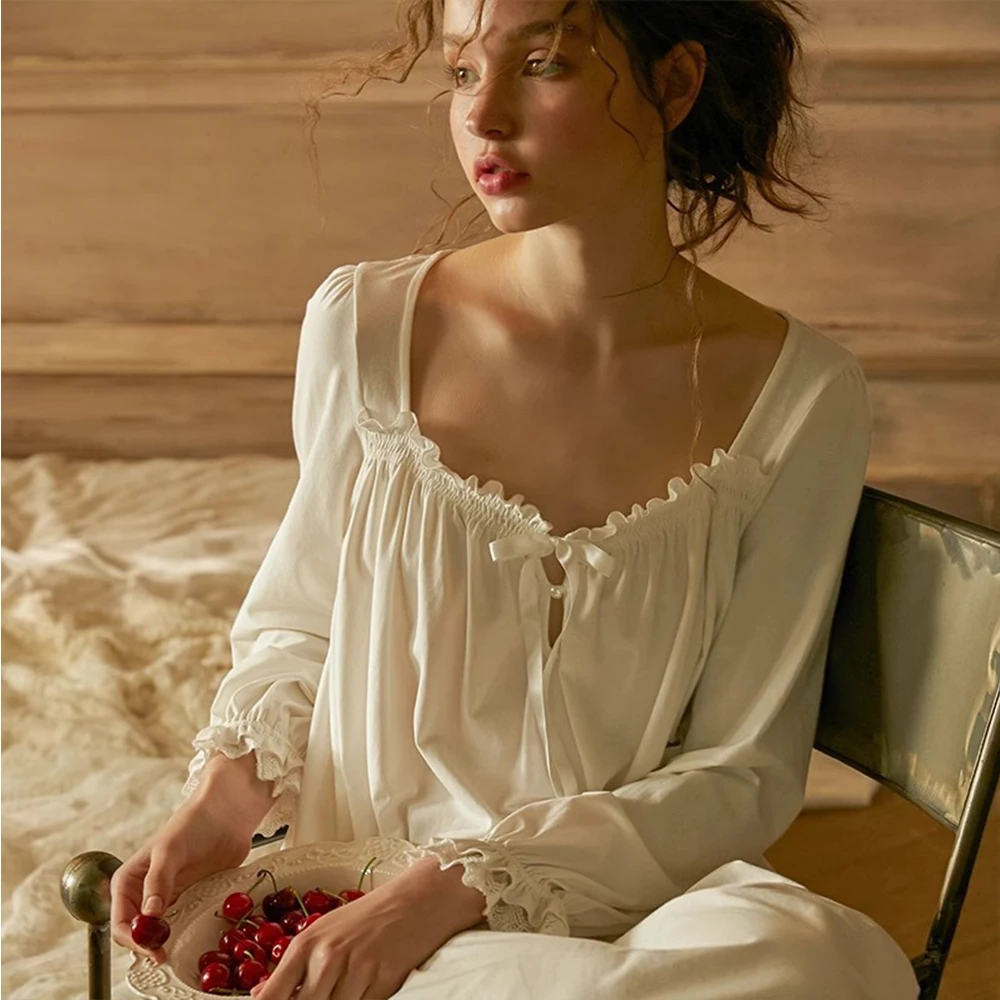 Vintage Cotton Women's Long Nightgowns Long Sleeve Elegant Autumn Winter Female Princess Sexy Loose Nightshirts - Image 4