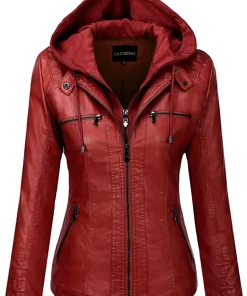 Hooded Leather Jacket Two-Piece Set Removable Large Size Leather Jacket for Women Spring & Fall Outwear for Women Pu Washed Leather - Image 6
