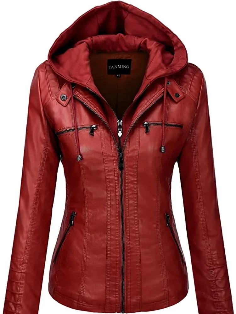 Hooded Leather Jacket Two-Piece Set Removable Large Size Leather Jacket for Women Spring & Fall Outwear for Women Pu Washed Leather - Image 6