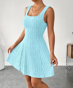 Women's blue ribbed knitted vest dress, short long sleeved top slim fit two-piece set, autumn and winter - Image 3
