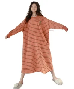 Female Long Sleeve Knit Cotton Nightgown Autumn Winter Thickened Fleece Warm Cartoon Outdoors Women Sleepwear Lady Loungewear - Image 6