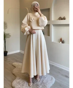 Eid Dubai Fashion Set 2 Piece Women Lantern Sleeve Top Shirt & Skirts Suits Musulman Ensembles Jalabiya Appliques Muslim Sets - Image 4