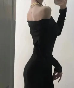 Elegant Off Shoulder Maxi Dress Bodycon Sweater Dress Solid Color Long Sleeve Knitted Party Dresses - Image 5