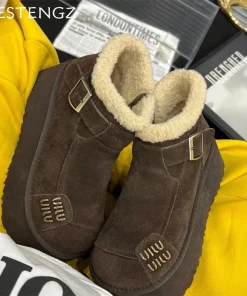 Alternative view of 2024 New Fur Platform Women Ankle Boots Flats Suede Warm Shoes Woman Trend Designer Brand Short Plush Cozy Femme Snow Botas