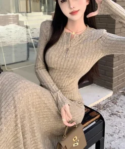 Smvp Elegant Slim High Waist Knit Dresses Women Autumn Winter Long Sleeve Thick Warm Long Dress Vintage Streetwear Vestidos - Image 4