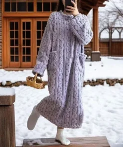 Winter New Long Warm Loose Fit Pocket Coral Fleece Pajama Set Nightgown Sleep Robe for Women Home Wear - Image 6