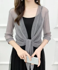 Summer Cardigan Ladies Sexy Thin Sunscreen Short Jacket ling Dress Thin Short Coat Short Type Shawl Sunscreen Jacket Cardigan - Image 3