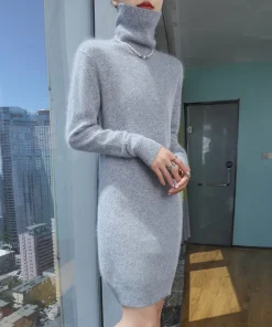 New hot selling 100% mink cashmere knitted women's high neck pullover dress sweater slim fit solid color long women's dress - Image 4