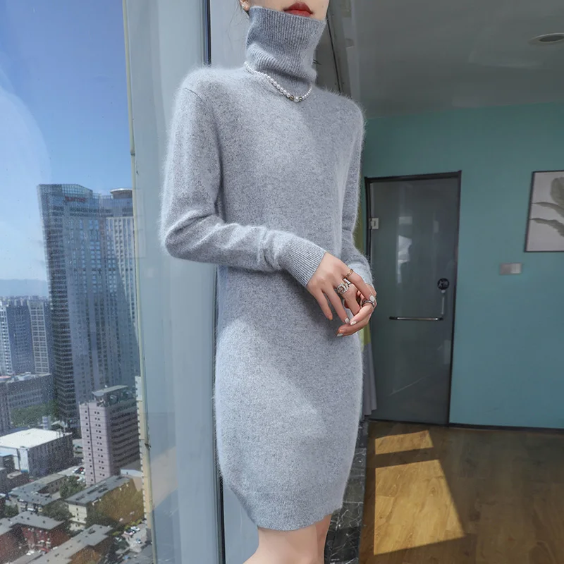 New hot selling 100% mink cashmere knitted women's high neck pullover dress sweater slim fit solid color long women's dress - Image 4