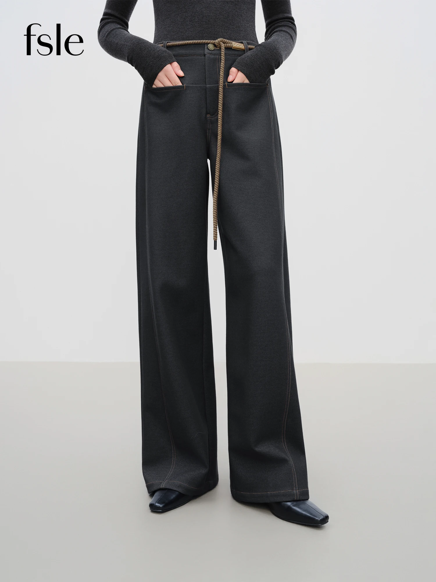 FSLE【Premium Series】Original Color Straight Wide-leg Brushed Jeans for Women Winter 2025 New Style Ins Simple Design All-match