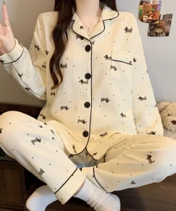 Two-Piece Set Ladies Pajamas Set Long-Sleeved Cartoon Sweet Cute Print Cardigan Home Wear Simple Sleepwear Winter Autumn New - Image 5
