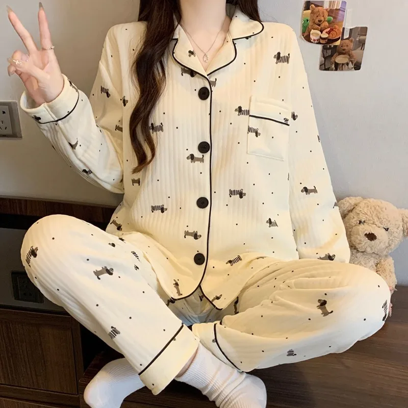 Two-Piece Set Ladies Pajamas Set Long-Sleeved Cartoon Sweet Cute Print Cardigan Home Wear Simple Sleepwear Winter Autumn New - Image 5