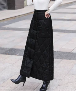 Black Thicken One Piece Of Down Cotton Maxi Skirt 2023 Winter Double Breasted Warm Saias Longas For Women - Image 2