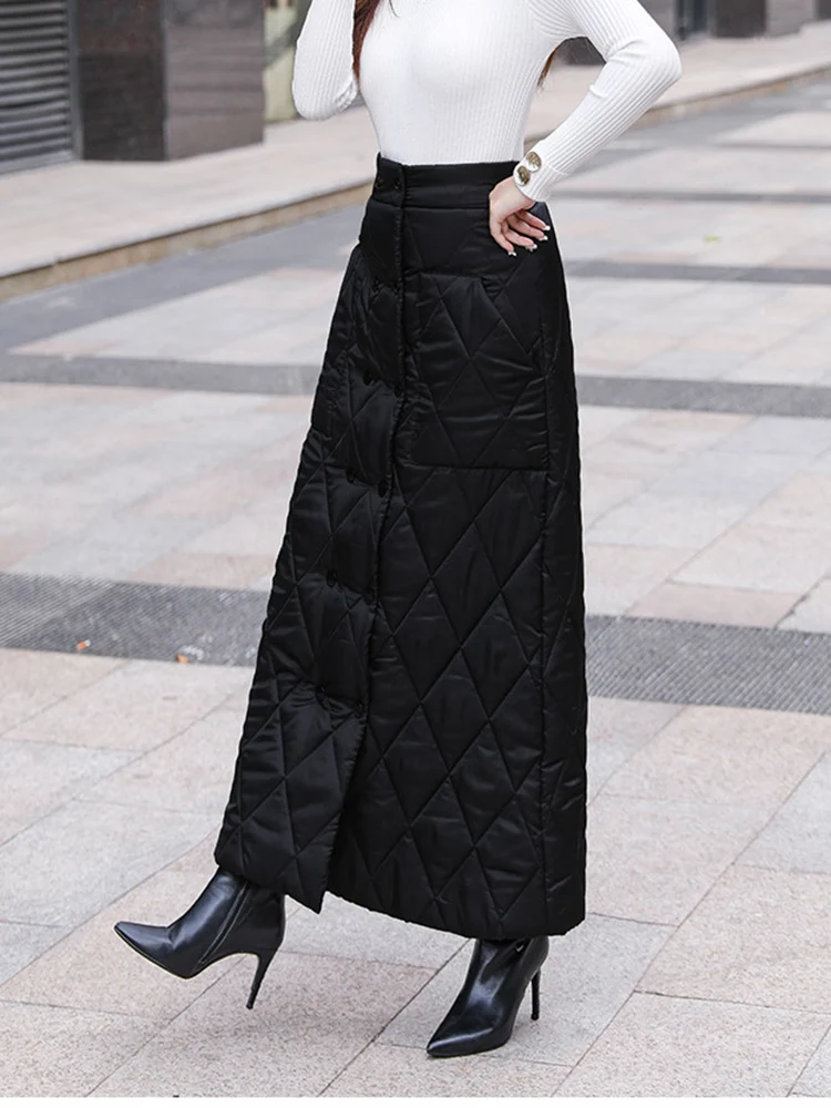 Black Thicken One Piece Of Down Cotton Maxi Skirt 2023 Winter Double Breasted Warm Saias Longas For Women - Image 2