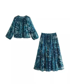 2024 New Women Long Skirt Set Casual Long Sleeve Print Shirts + High Waist Slim Ankle-Length Skirts Set