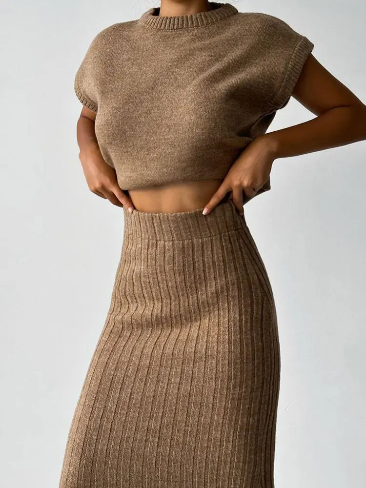 Hot Fashionable Commuting Round Neck Sleeveless Top Slim Elastic Skirt Autumn Winter Women's Suit Elegant Casual Sweater Suit - Image 6