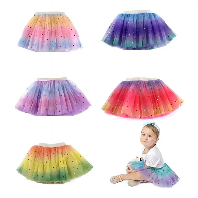 Girls Tutu Skirts Stars Print Princess Pettiskirts Kids Ballet Dancing Party Skirt Children Gradient Costume Clothes