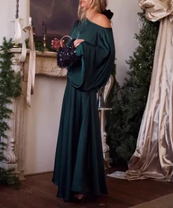 2026 Spring Elegant Solid Evening Gown Set Woman Sexy Skew Collar Top Pullover & Long Dress Suit Autumn Long Sleeve 2pcs Outfits - Image 6