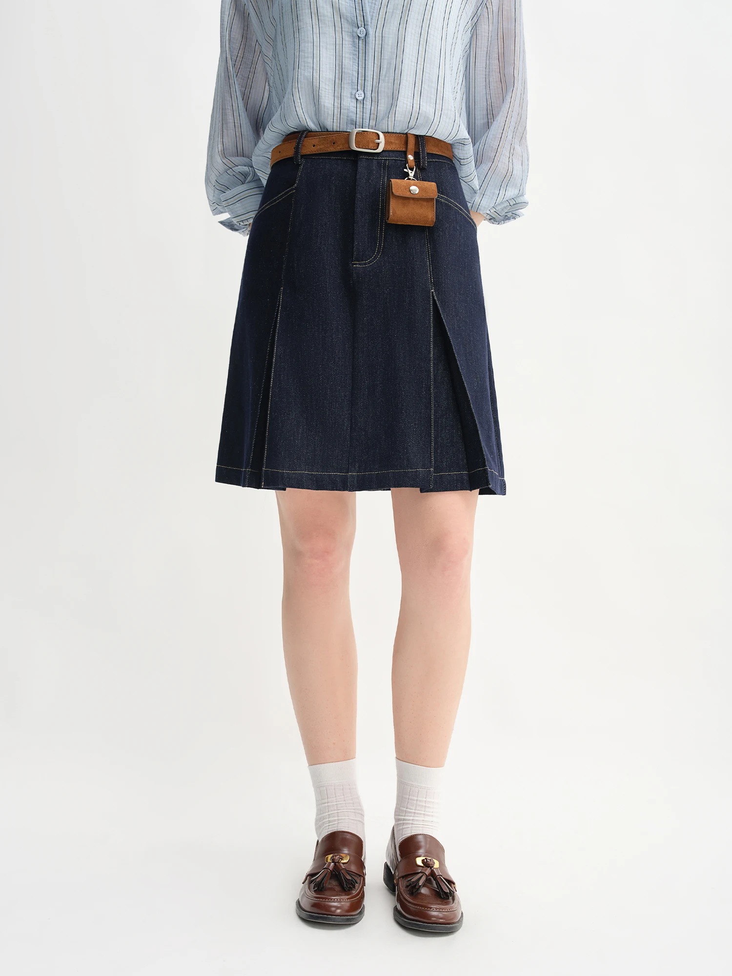 DUSHU Women's High Waist A-line Denim Skirt 2025 Autumn New Arrival Style Contrast Color Retro Denim Skirt No Belt 25DS83098 - Image 3