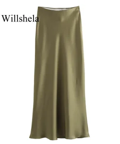 Willshela 2024 Black Satin Skirt Woman High Waist Elegant Long Skirts For Women Fashion Summer Midi Skirt Office Women's Skirts - Image 6