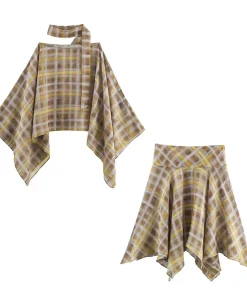 Chic Fashion Plaid Midi Skirts Two Piece Sets For Women 2025 New Scarf Collar Cape Tops Women's Suits Elegant Woman Outfits 