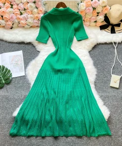 YuooMuoo Brand Fashion Vintage Turn-down Collar Knit Maxi Dress Elegant Single-breasted A-line Long Shirt Dress Lady Vestidos - Image 6