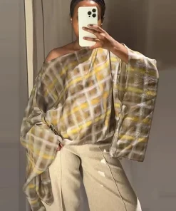 Alternative view of Chic Fashion Plaid Midi Skirts Two Piece Sets For Women 2025 New Scarf Collar Cape Tops Women's Suits Elegant Woman Outfits ﻿