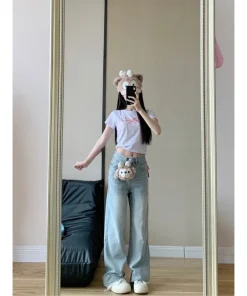 2025 Autumn Winter Bow Embroidery Design Sweet Korean Style High Waist Loose Fit Straight Leg Jeans - Image 5