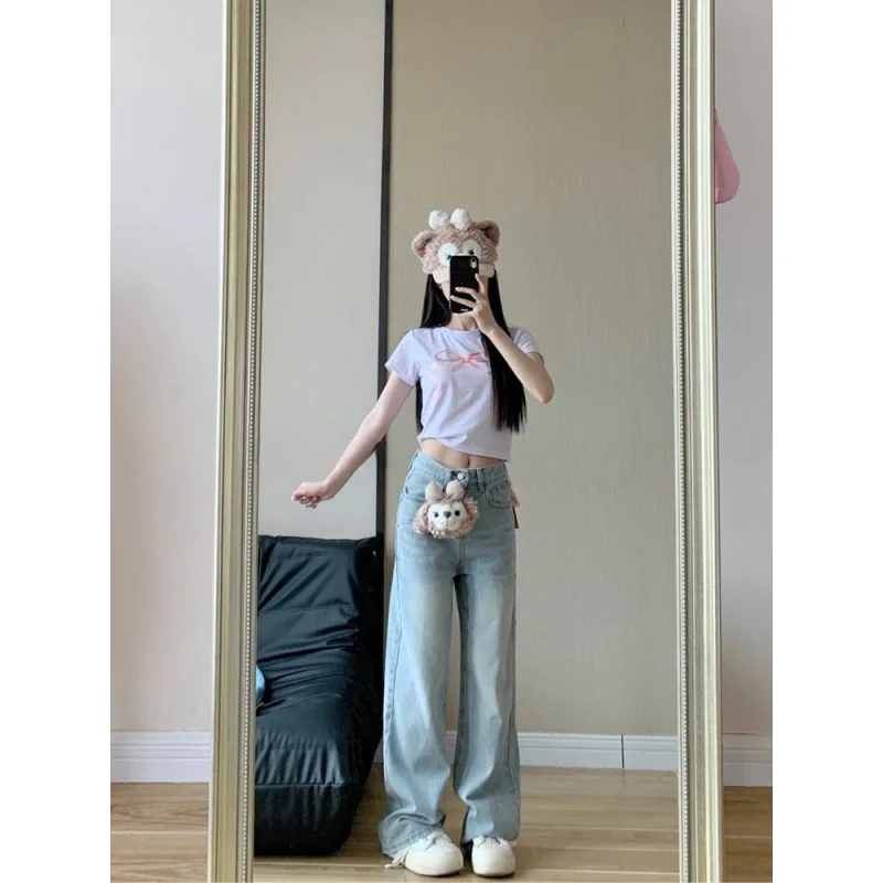 2025 Autumn Winter Bow Embroidery Design Sweet Korean Style High Waist Loose Fit Straight Leg Jeans - Image 5