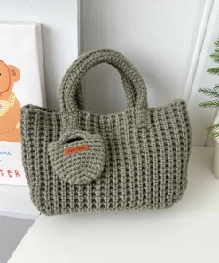 Woven Bag Solid Color Handmade Crochet Bag Cute Woolen Handbag Autumn and Winter Wear Mobile Phone Bag - Image 6