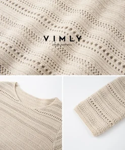 VIMLY Oatmeal Long Dress Woman Autumn 2025 Elegant Hollow Out Knitted Beach Style Dresses Round Neck Straight Ladies Dress 75211 - Image 5