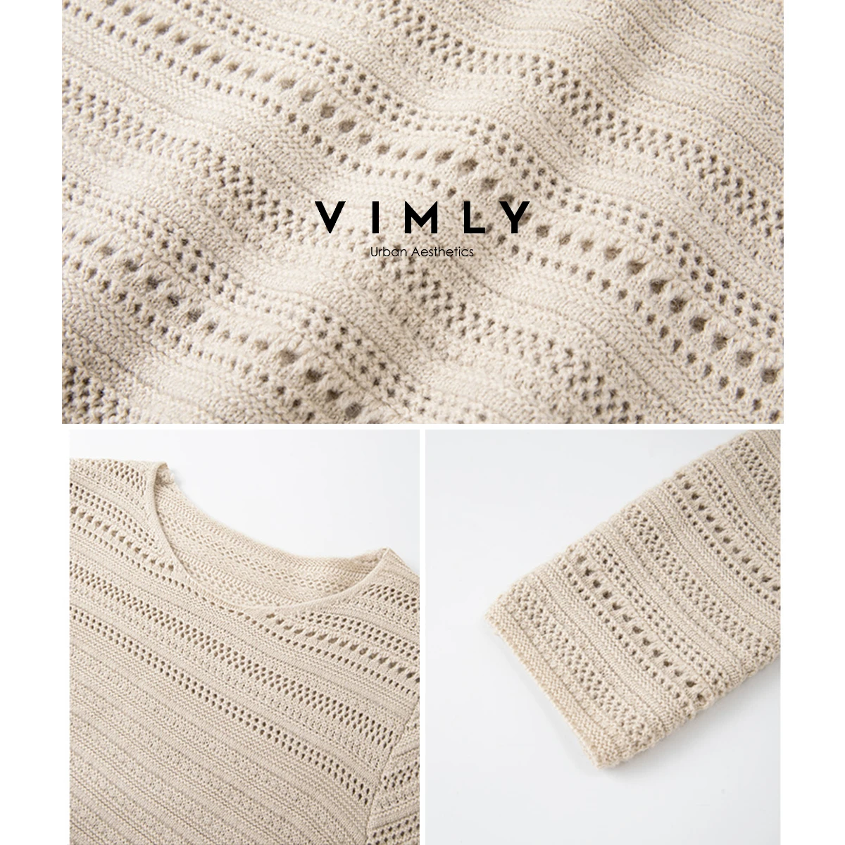 VIMLY Oatmeal Long Dress Woman Autumn 2025 Elegant Hollow Out Knitted Beach Style Dresses Round Neck Straight Ladies Dress 75211 - Image 5