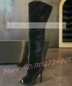 Open Toe Over The Knee Boots Women Big Size Fashion Slip-On Fluffy Fur Warm Comfortable High Heels Shoes Lady Nifty Sexy Boots - Image 5