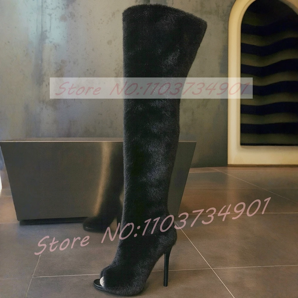 Open Toe Over The Knee Boots Women Big Size Fashion Slip-On Fluffy Fur Warm Comfortable High Heels Shoes Lady Nifty Sexy Boots - Image 5