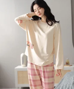 100% Cotton Sleepwear, Women's Autumn and Winter Long-Sleeved Pants, Cute Cartoon Pure Cotton Plus Size Women's Home Suit Set - Image 5