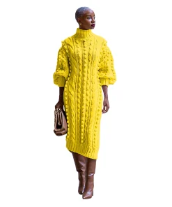 Turtleneck Knitted Jumpers Dress Long Sleeve Ankle Length Casual Dresses Loose Fit Spliced Vestidos Straight Solid Pullover - Image 6